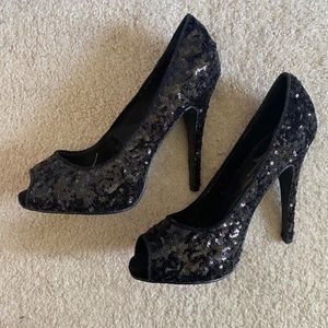 F24 Sequin Black Heels - Size 7